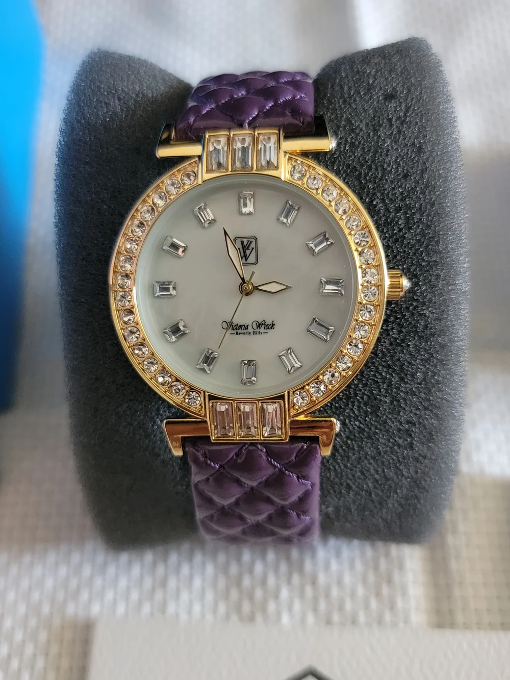 Victoria Wieck Gold Crystal Watch with Purple Quilted Leather Strap